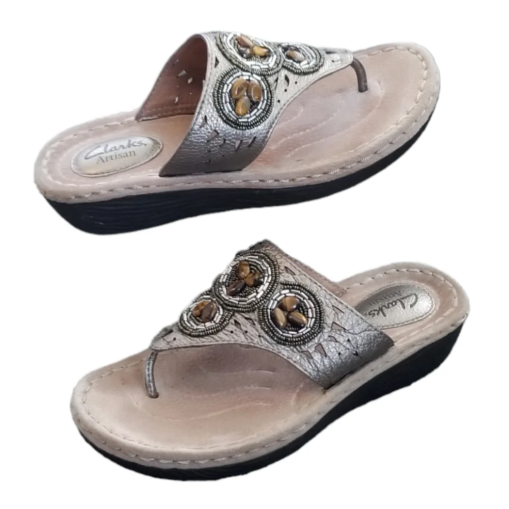 Clarks Artisan Womens Size 6M Leather Thong Style Flip-Flop Wedge Sandals 32235
